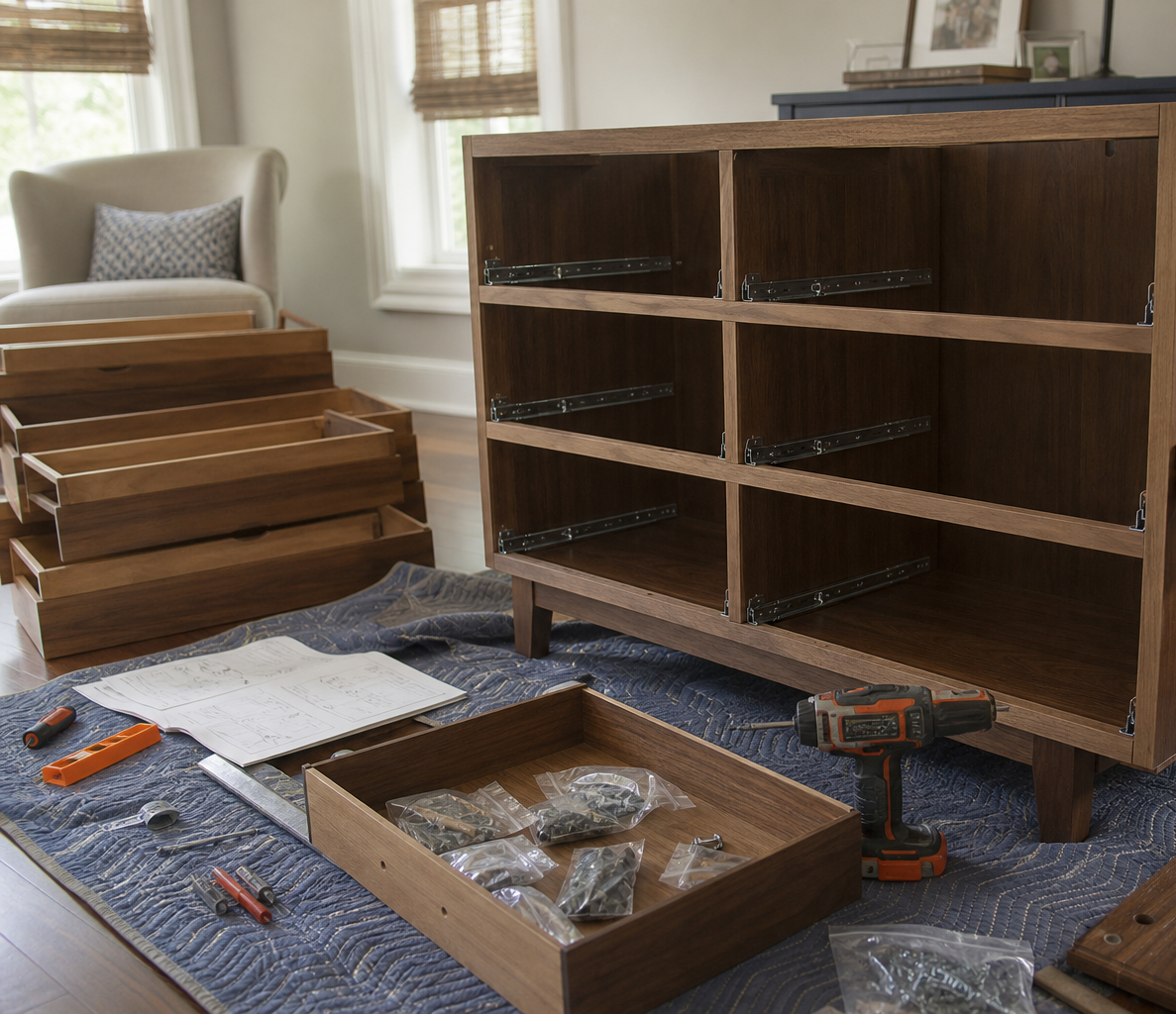 A dresser being carefully assembled on a protective floor covering