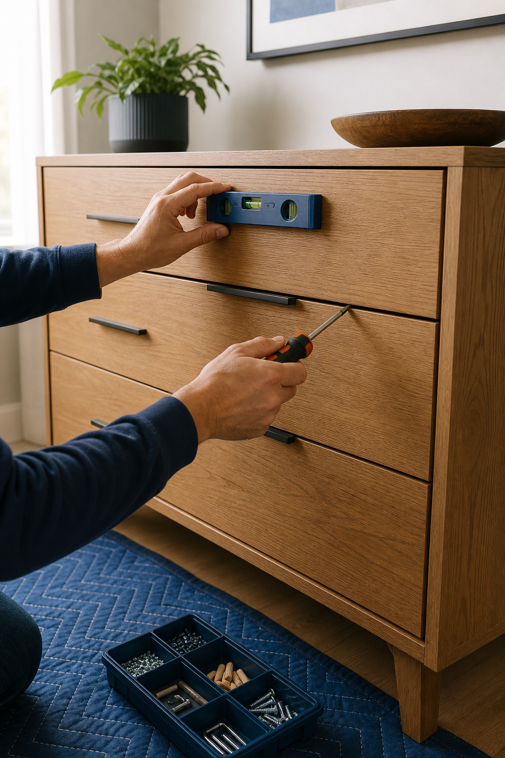 Drawer alignment being checked with a level after assembly